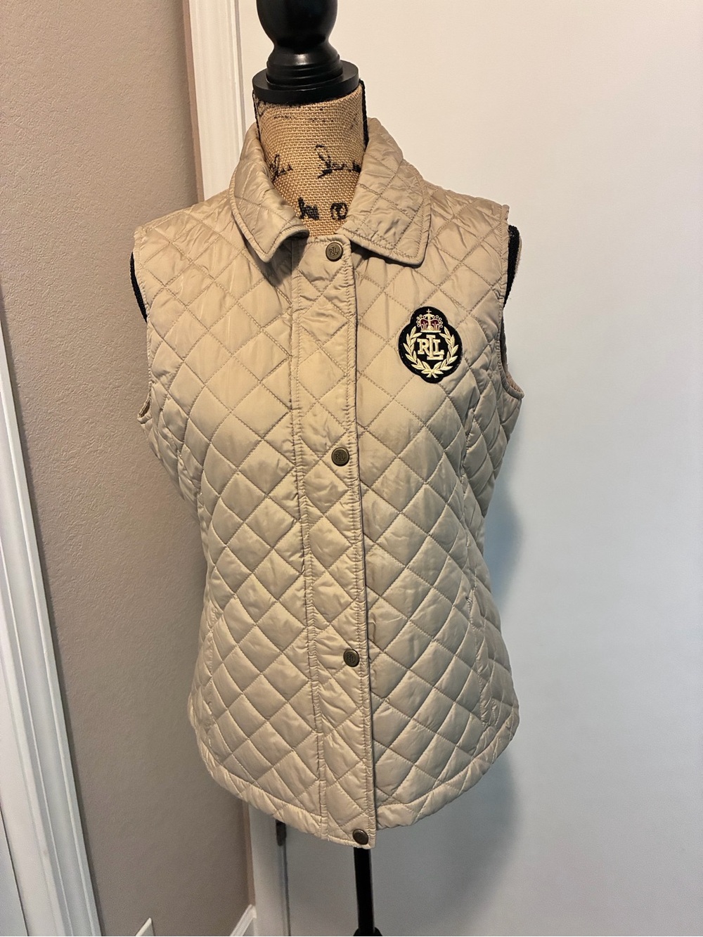 Ralph Lauren Quilted Sleeveless Tank Top - Beige with Crest Patch